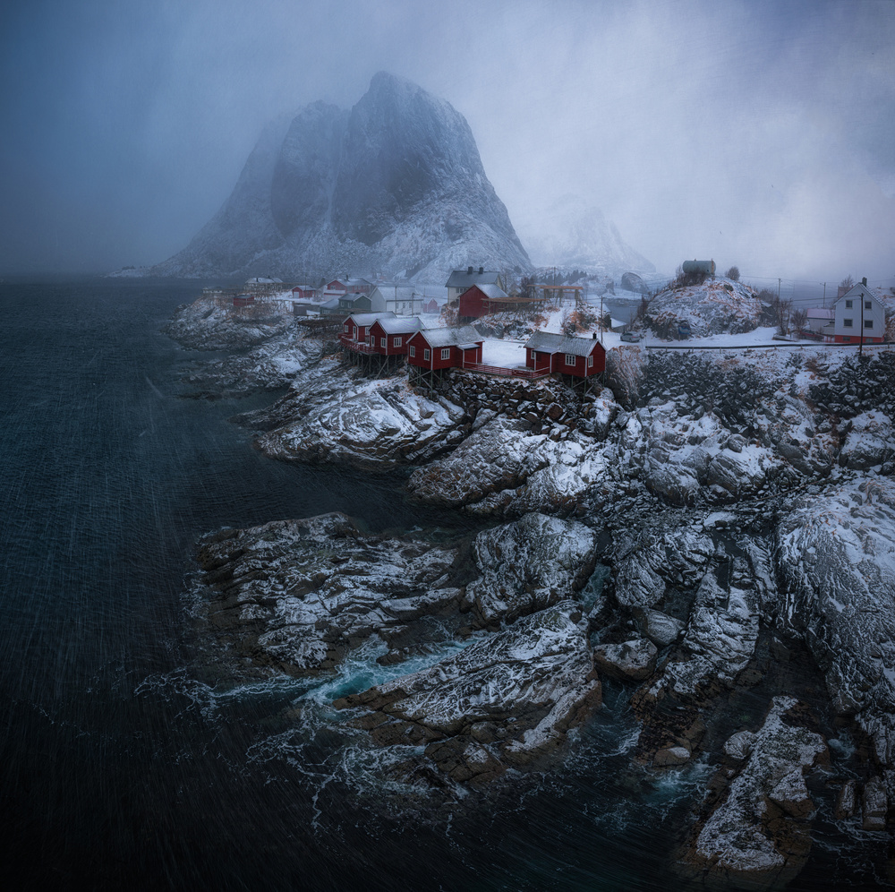 Snowy Coastal Red Huts by Stan Huang — canvas wall art