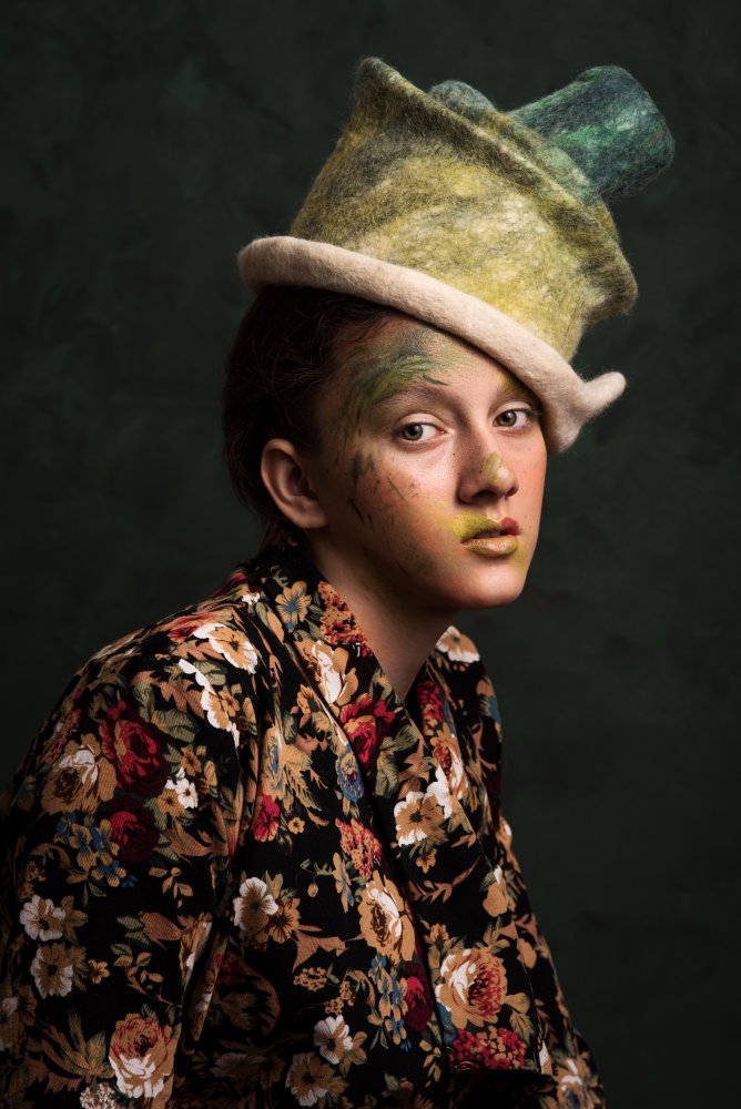 Whimsical Portrait Green Hat by Peyman Naderi — canvas wall art