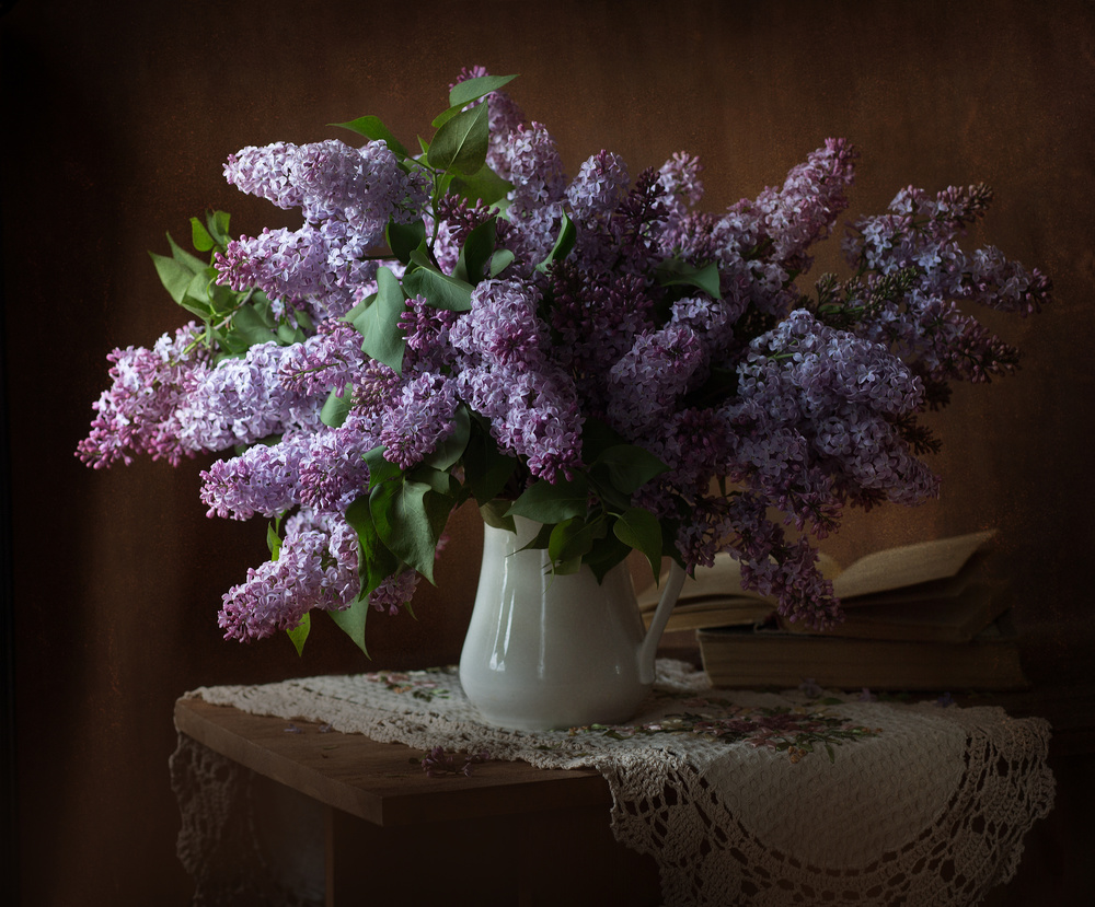 Lilac Still Life with Books by Alina Lankina — canvas wall art