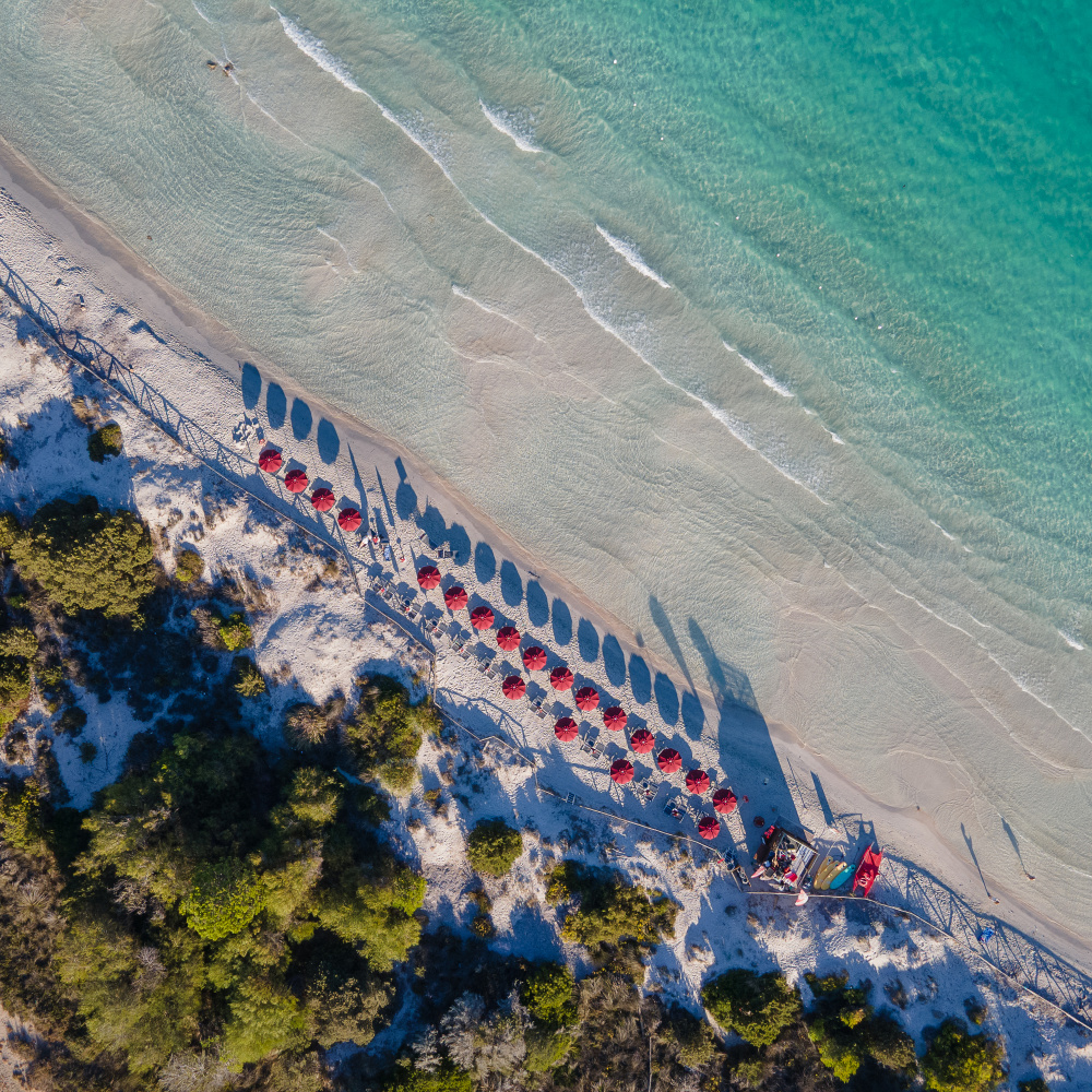 Red Umbrellas Beach Aerial by Anna Kirchner — canvas wall art