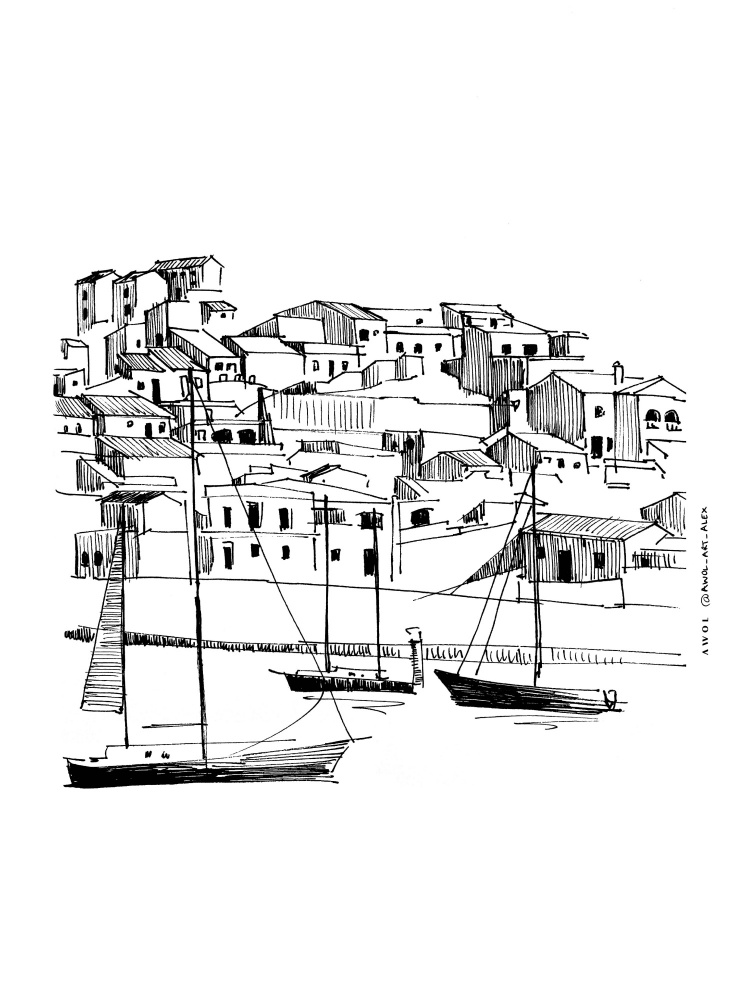 Coastal Village Harbor Boats by Awol Art Alex — canvas wall art