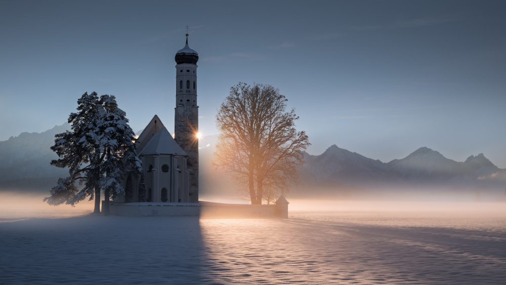 Winter Church Golden Hour by Tom Meier — canvas wall art