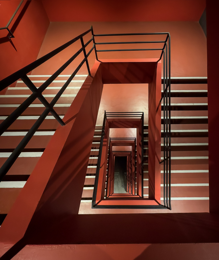Geometric Red Stairwell by Yavuz Pancareken — canvas wall art