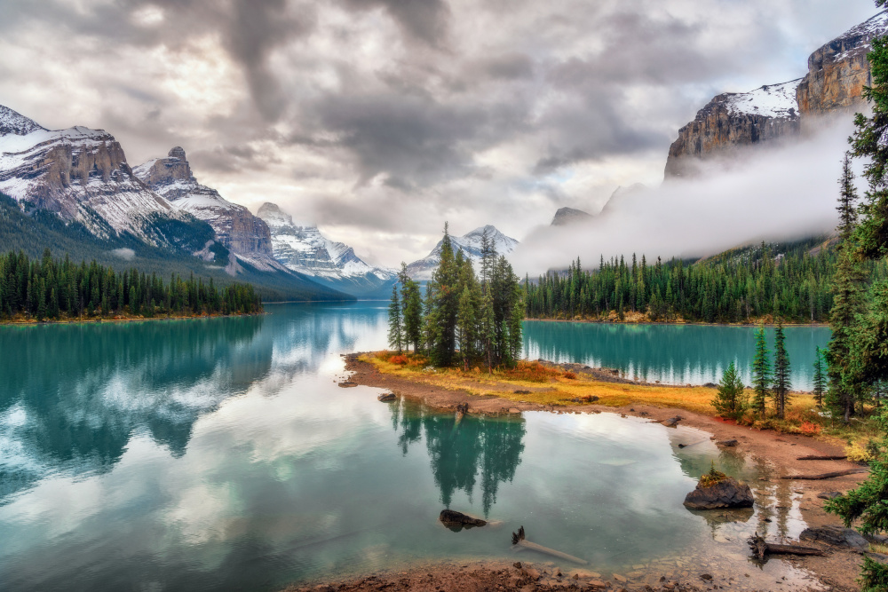 Tranquil Mountain Lake Island by Sergey Pesterev — canvas wall art