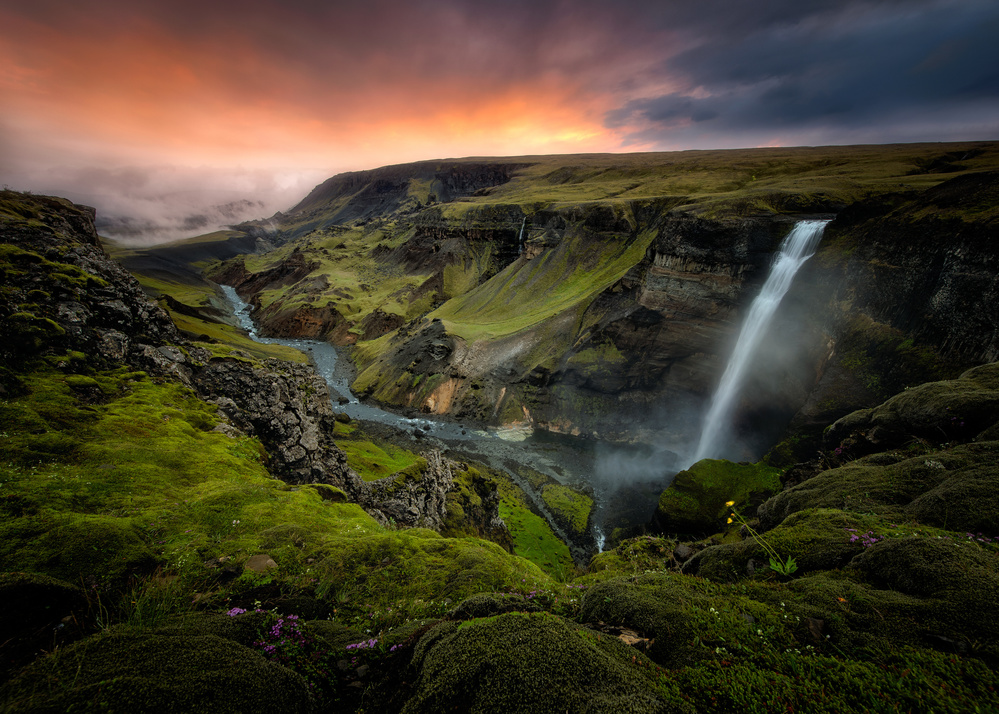 Dramatic Canyon Waterfall by menghuailin — canvas wall art