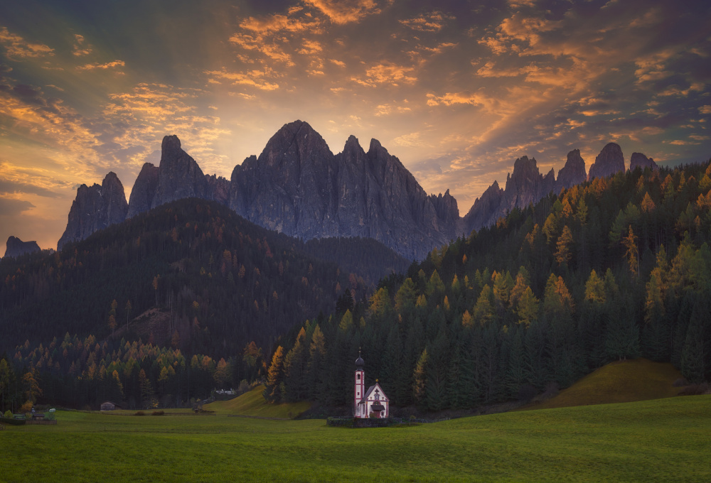 Dolomites Sunset Church by joanaduenas — canvas wall art