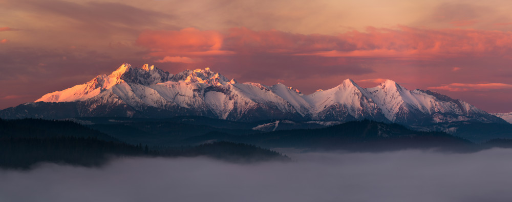 Pink Sky Snowy Mountains by Krzysztof Mierzejewski — canvas wall art