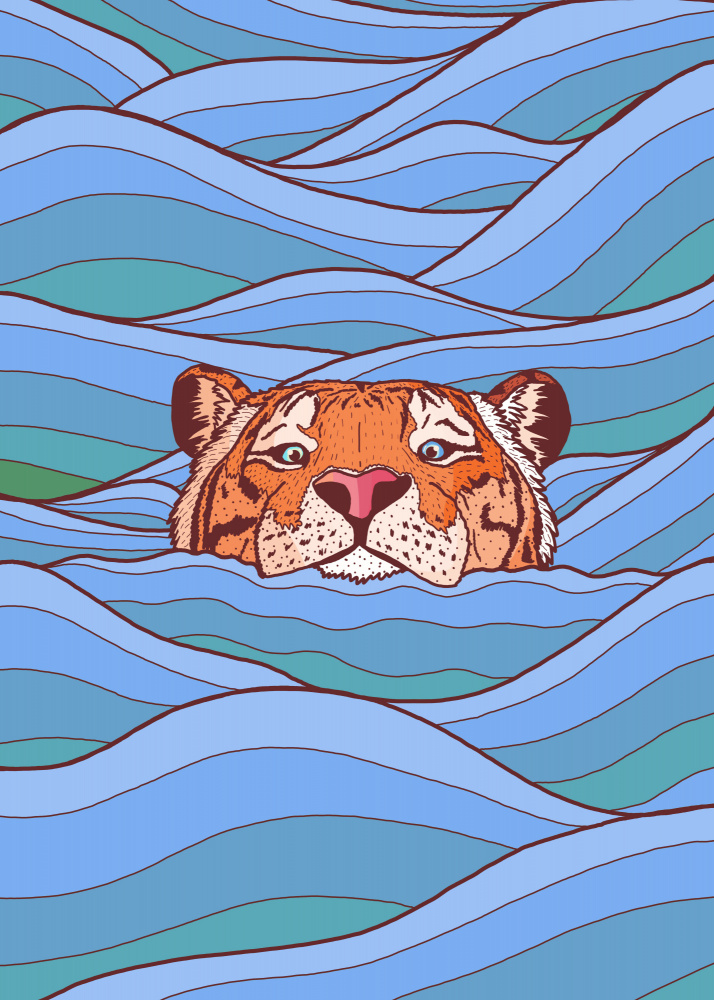 Tiger In Blue Waves by Stephen Wade — canvas wall art