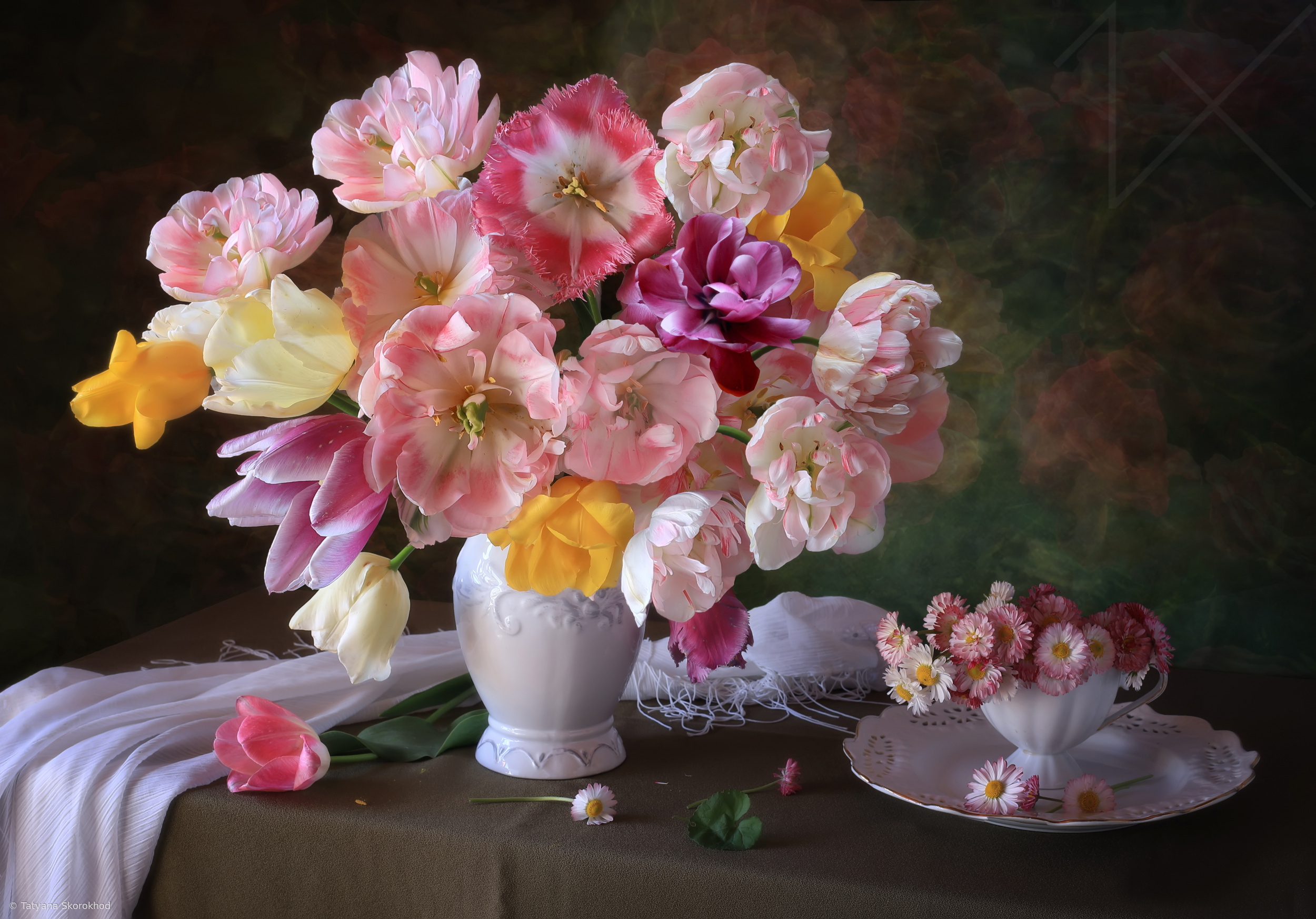 Still life with a bouquet of tulips and daisies by Tatyana Skorokhod