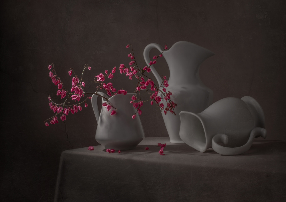 Pink Blooms And White Pitchers by Margareth Perfoncio — canvas wall art