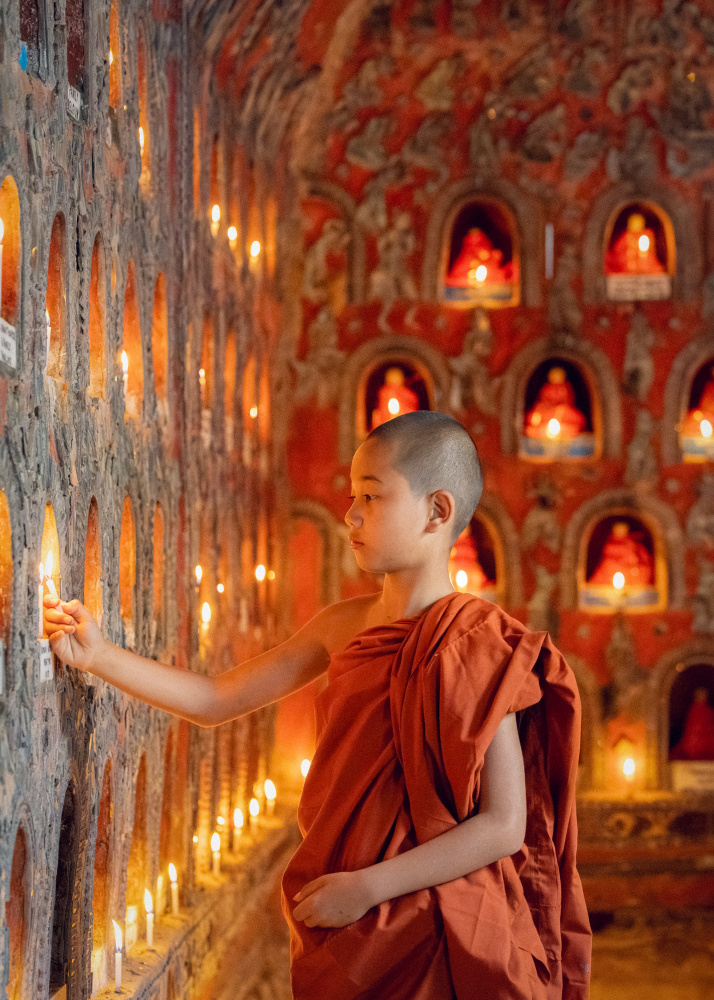 Young Monk Temple Candles by ADIREK M — canvas wall art