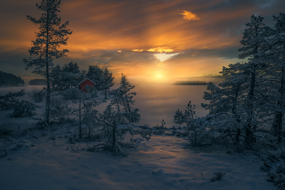 Snowy Cabin Golden Hour by Ole Henrik Skjelstad — canvas wall art