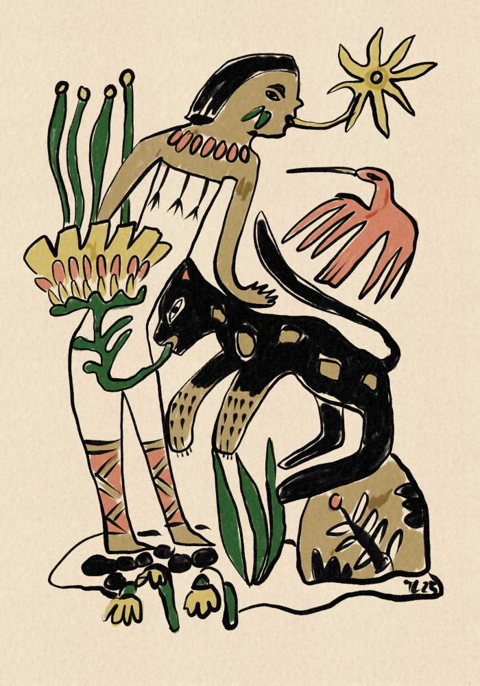 Folk Figure and Panther by Raipa Studio — canvas wall art