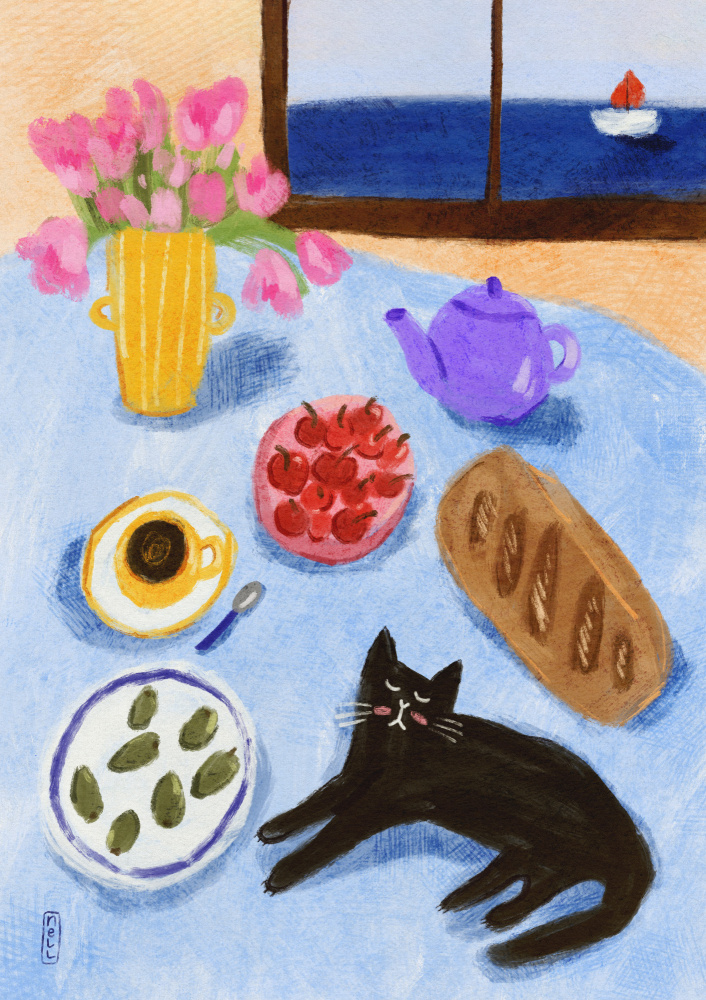 Relaxing Seaside Cat Breakfast by Dirkie Nell — canvas wall art