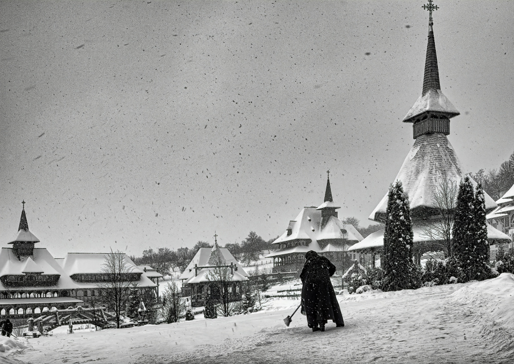 Monk Sweeping Winter Snow by mihai ian nedelcu — canvas wall art