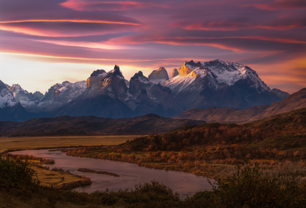 Patagonia Peaks River Sunset by James S. Chia — canvas wall art