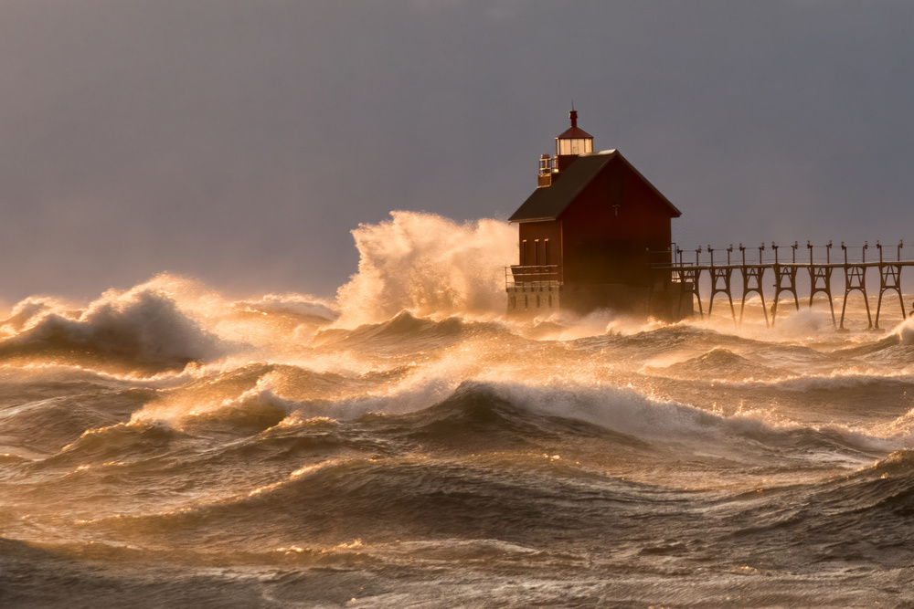 Golden Waves Lighthouse by Alex Li — canvas wall art