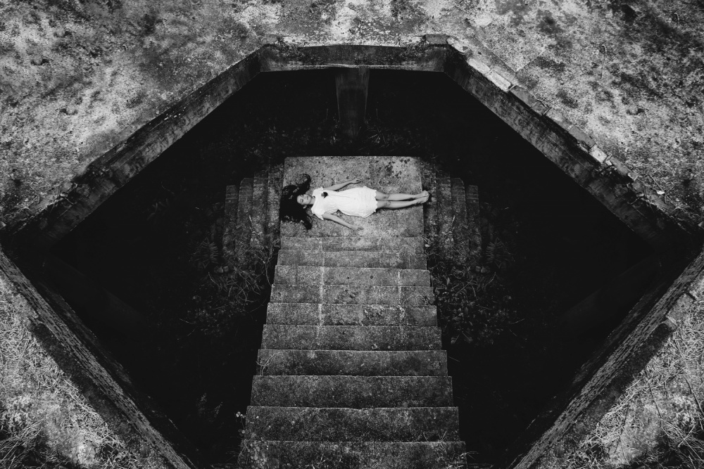 Mysterious Woman Dark Stairs by Yugie Potret — canvas wall art