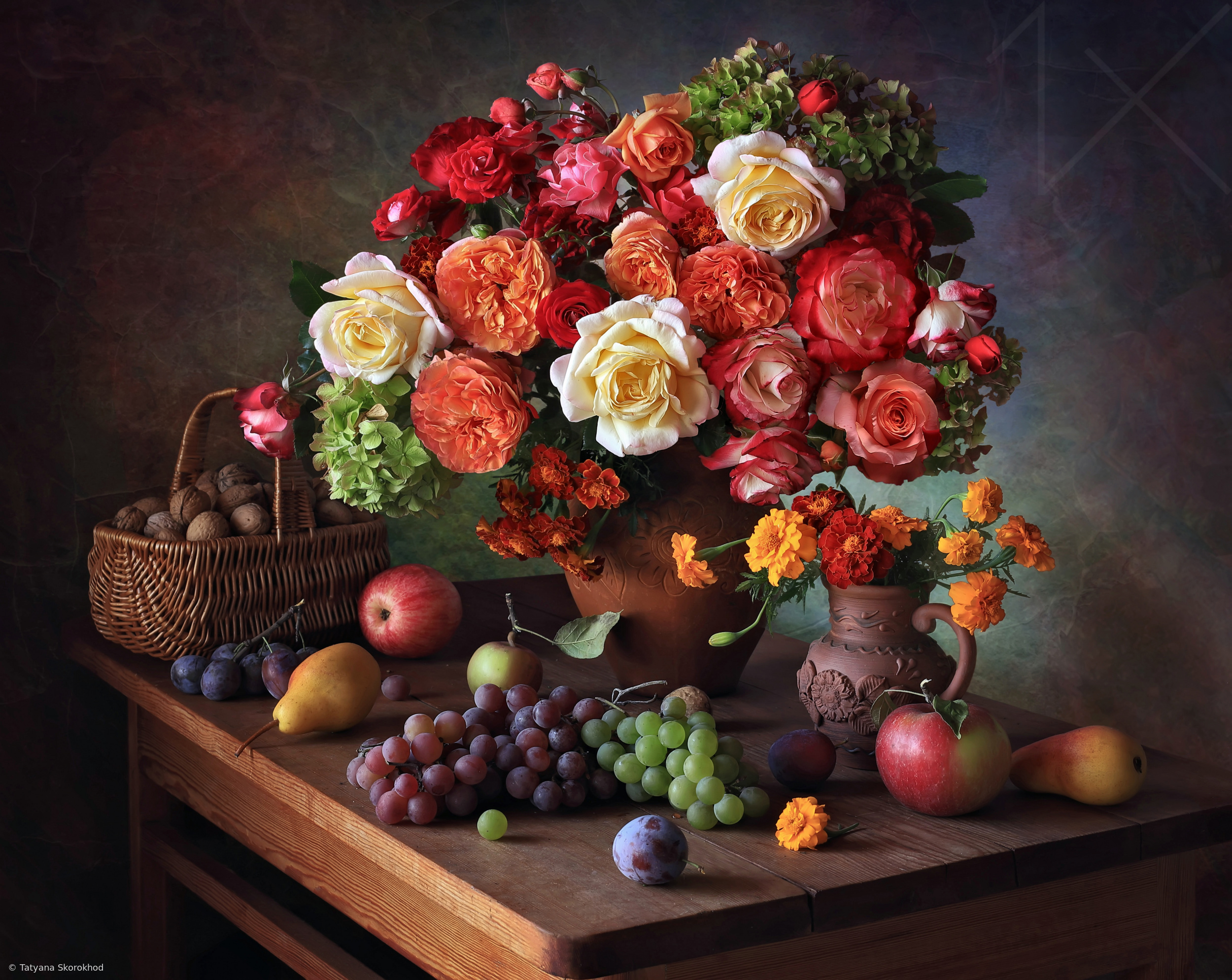 Still life with a bouquet of autumn flowers and fruits by Tatyana Skorokhod