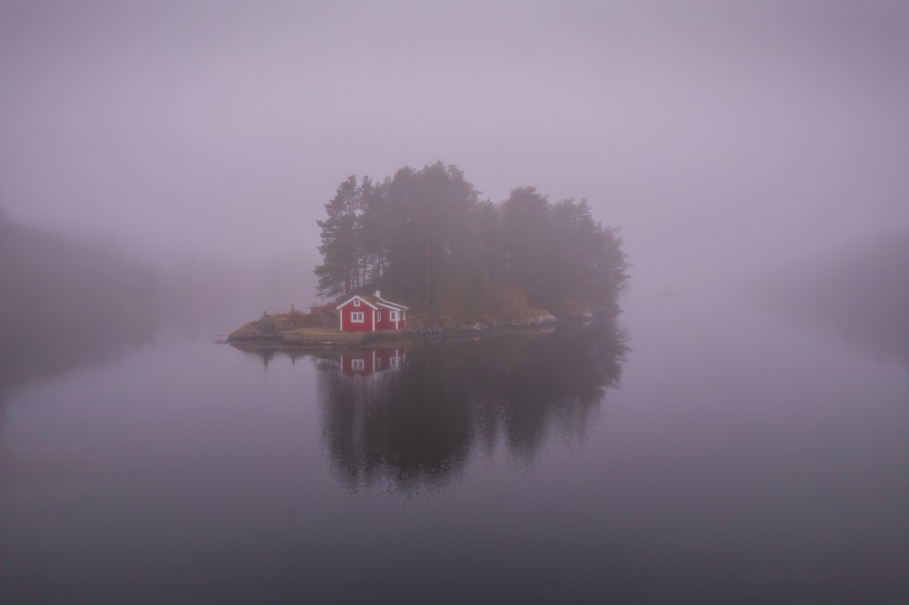 Red Cabin Island Fog by Rune Askeland — canvas wall art