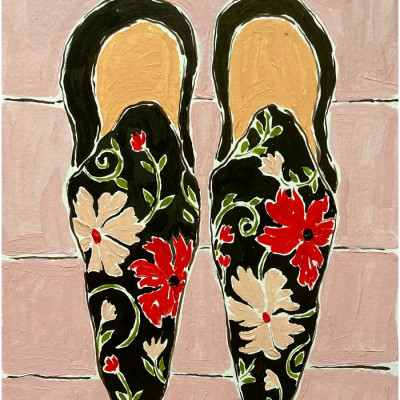 Black Shoes On Pink Tiles