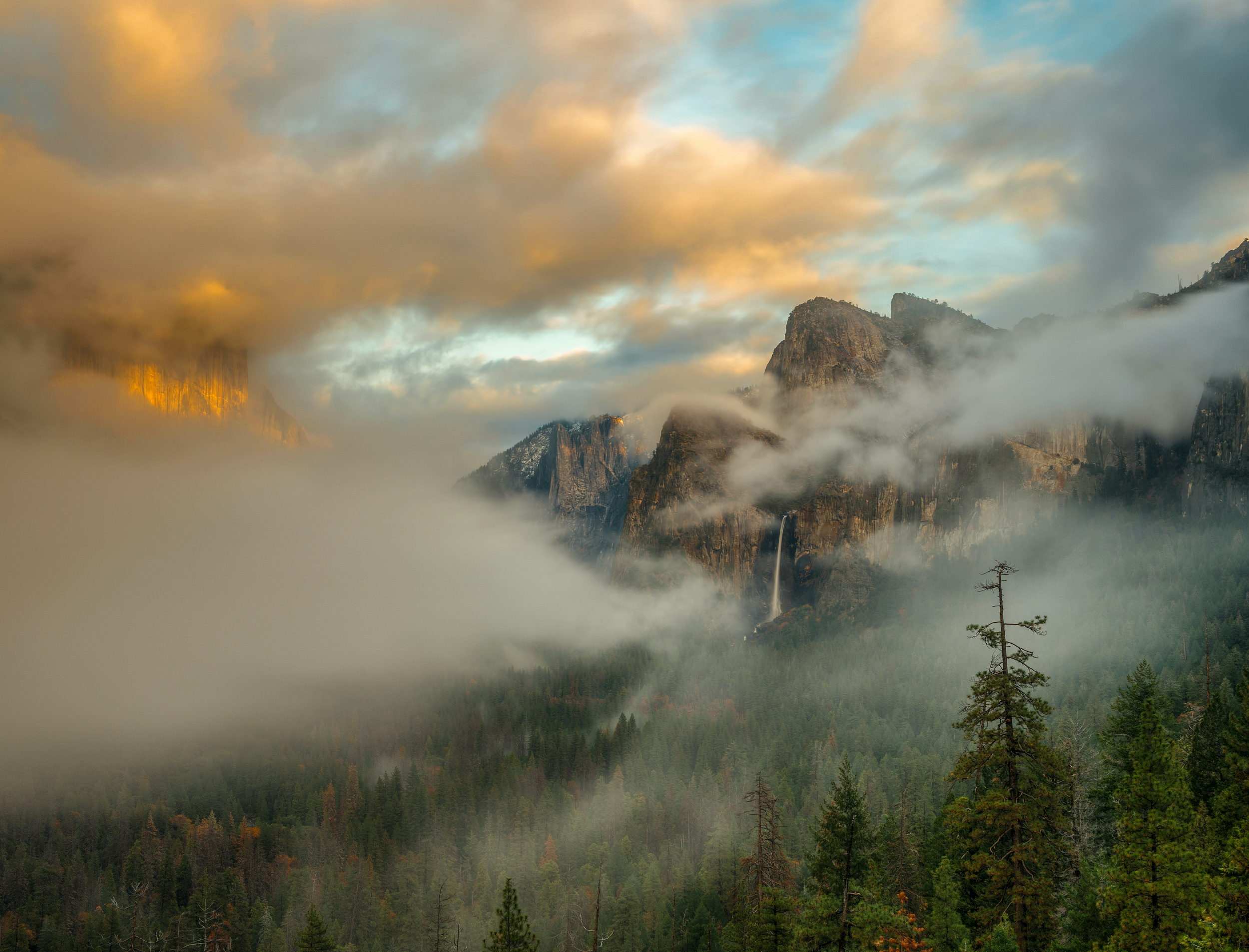 A mist-shrouded canyon
