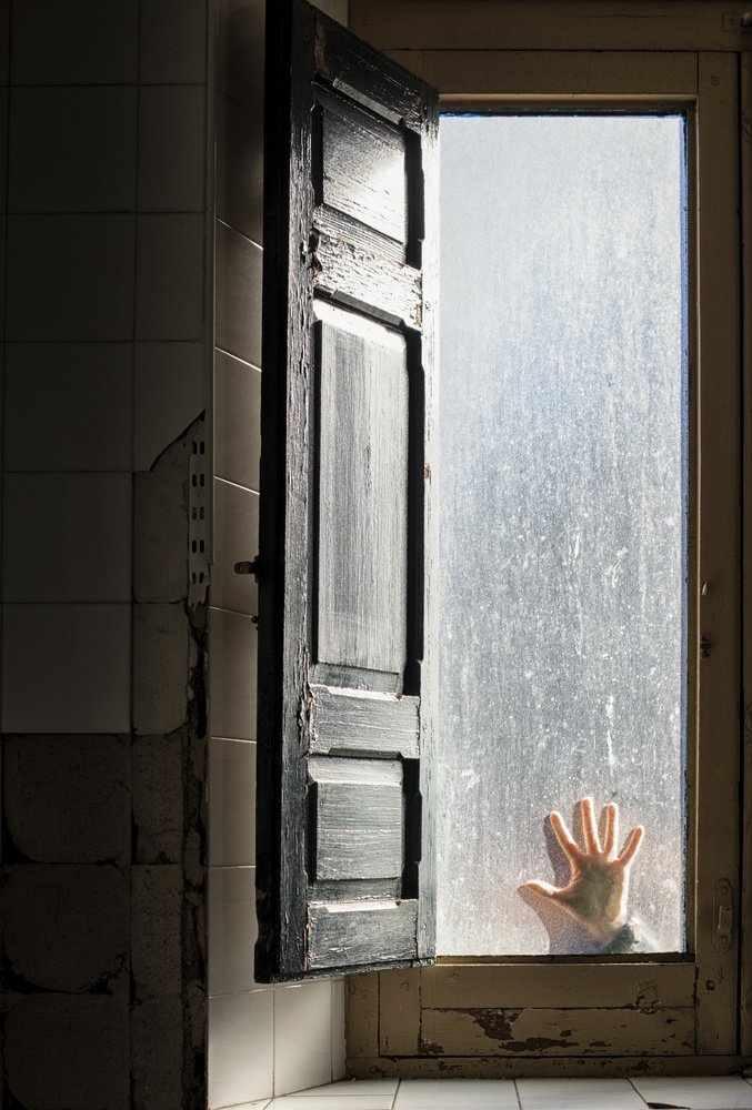 Hand On Grimy Window by Bego Amare — canvas wall art