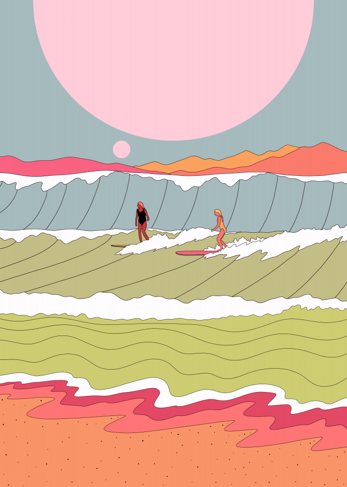 Surfing Under Pink Skies by Stephen Wade — canvas wall art