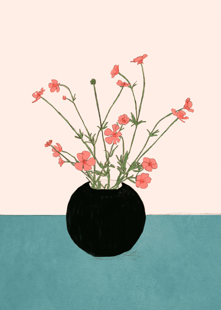 Coral Flowers Black Vase by Nadjaa — canvas wall art