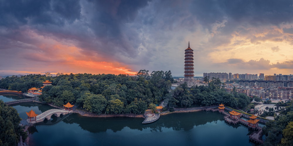 Pagoda Sunset Lake by qiye — canvas wall art