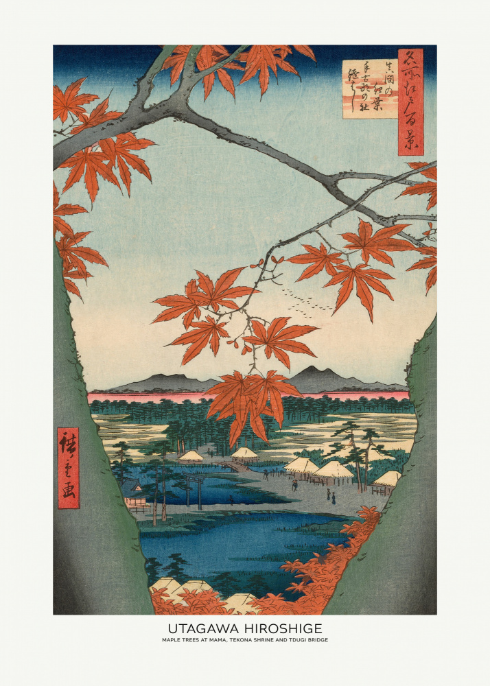 Maple Trees At Mama, Tekona Shrine and Tdugi Bridge by Utagawa Hiroshige — canvas wall art