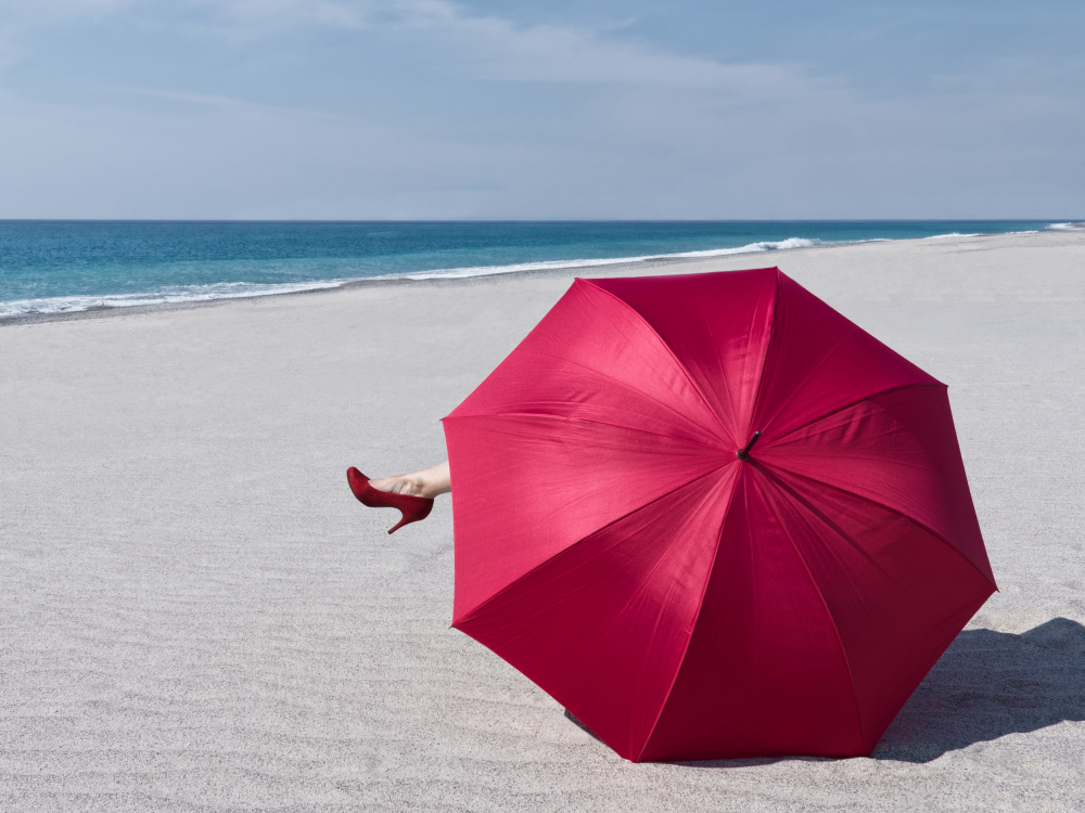 Red Umbrella Beach Escape by Karin Kilb — canvas wall art