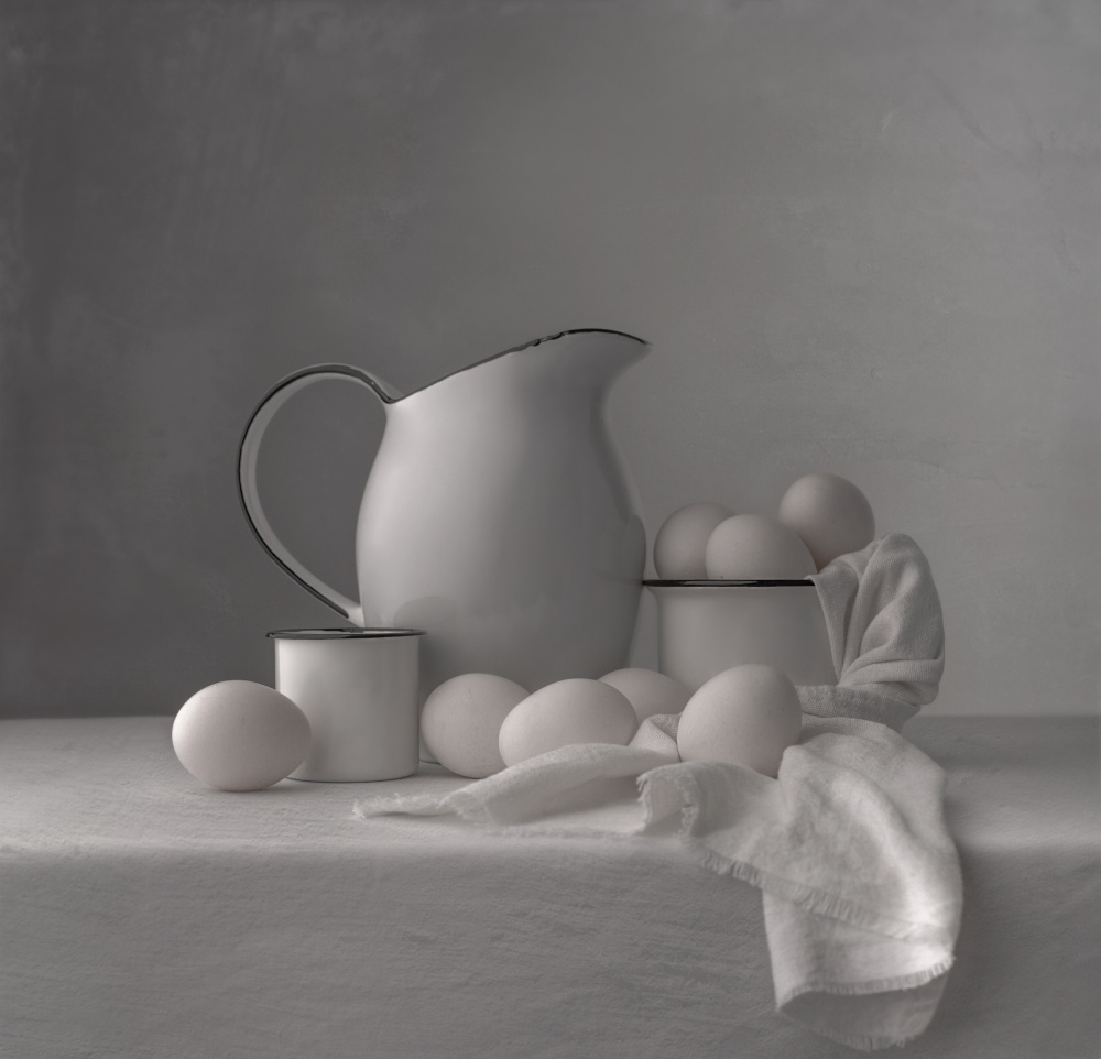 Fresh Eggs White Pitcher by Margareth Perfoncio — canvas wall art
