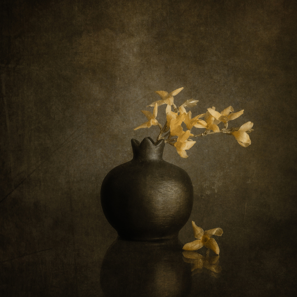 Golden Blossoms Dark Vase by Cicek Kiral — canvas wall art