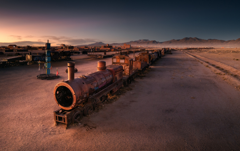 Sunset Train Graveyard by Karol Nienartowicz — canvas wall art