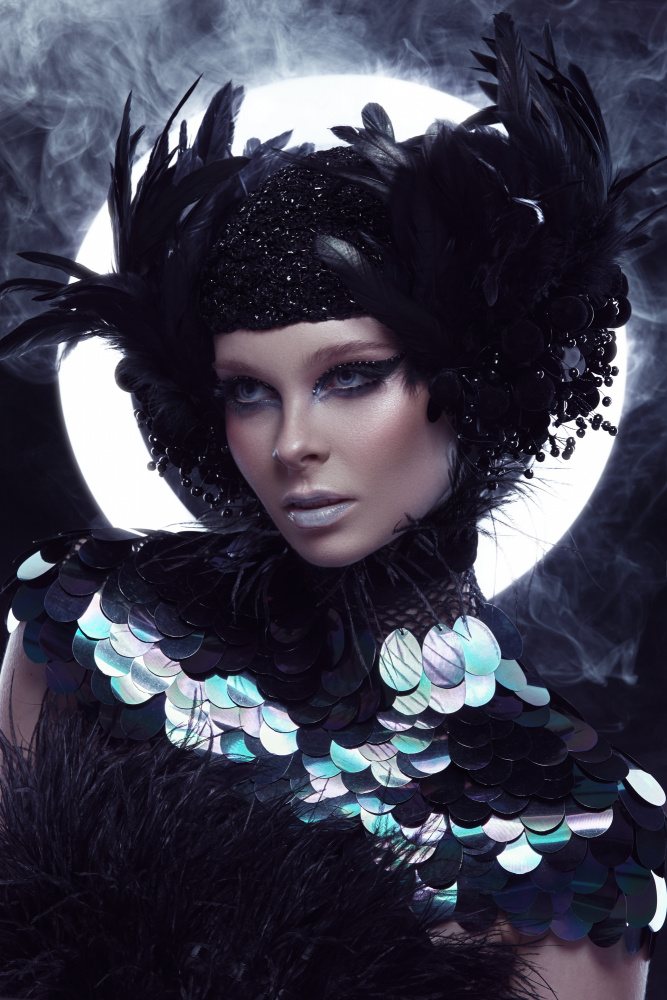 Mystical Feathered Moon Portrait by Tatya Lushchyk — canvas wall art