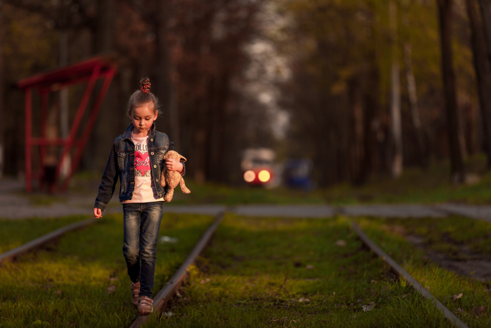 Girl With Bear On Tracks by Dmitry Stepanov — canvas wall art