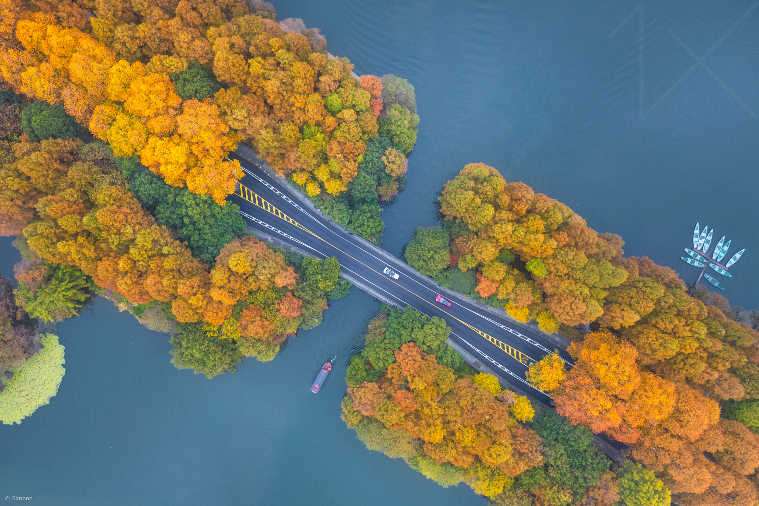 Autumn Road Beside Lake