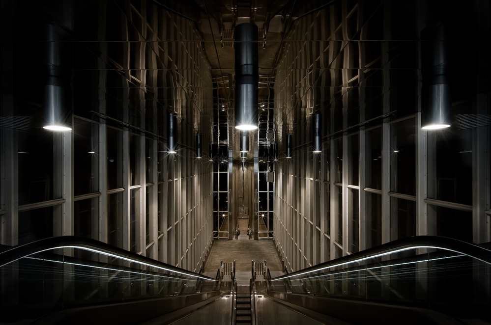 Modern Escalator Reflections by Michiel Hageman — canvas wall art