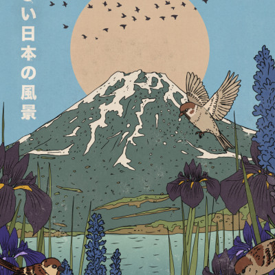 Mount Fuji Sparrows Irises