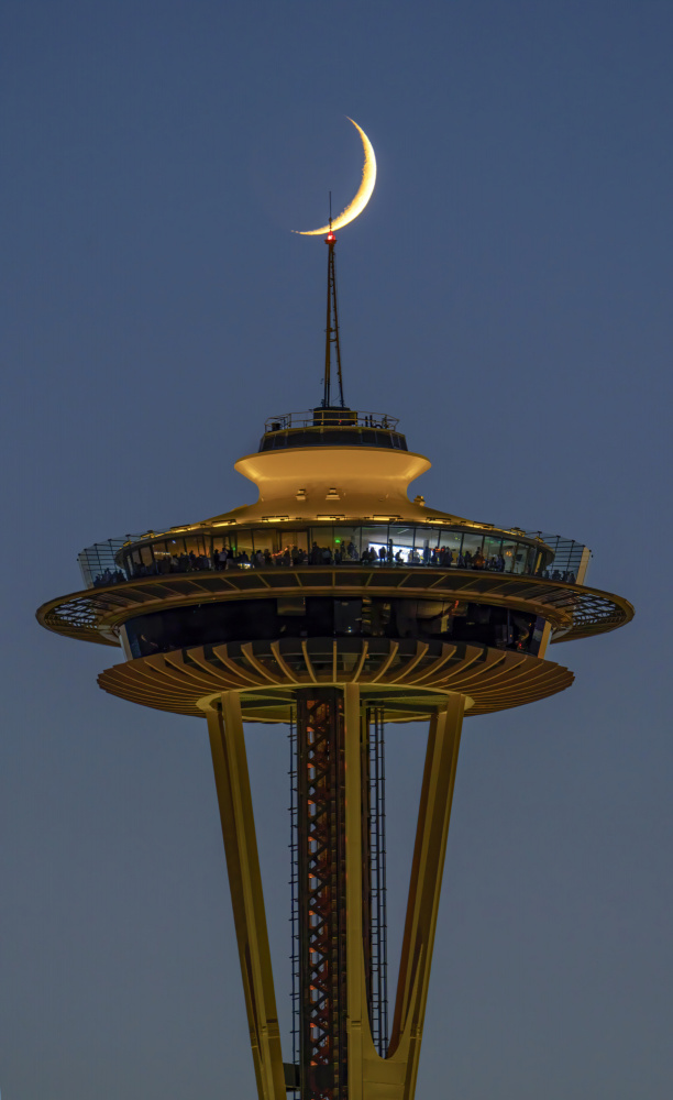 Space Needle Crescent Moon by Feng Qin — canvas wall art