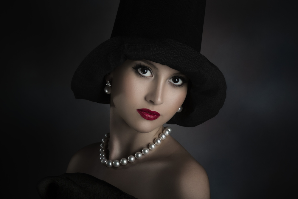 Elegant Woman Black Hat by Peppe Tambè — canvas wall art